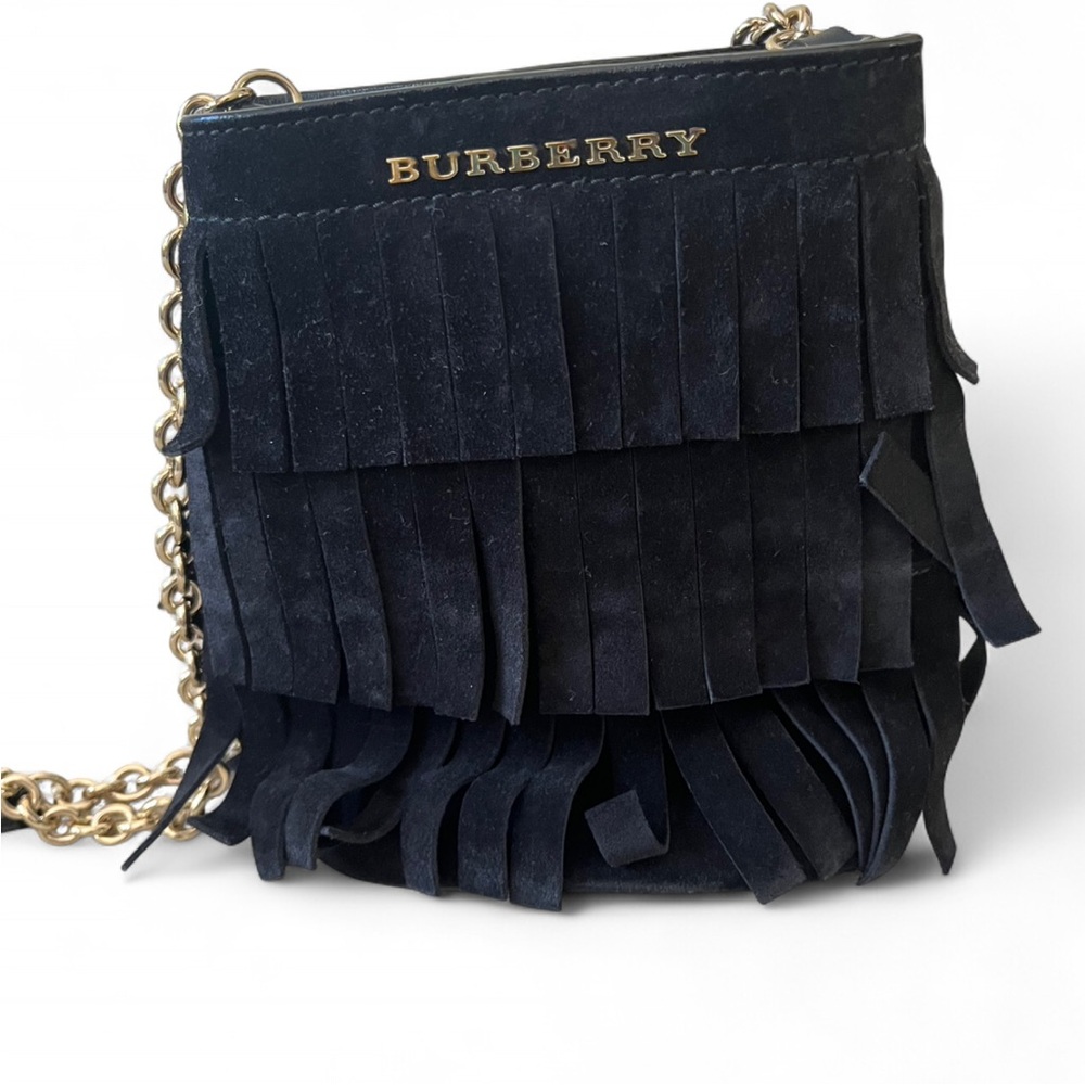 Burberry Black Suede Fringe Crossbody with Gold Chain
